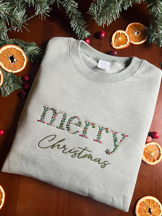 Floral Merry Chrsitmas Crewneck Sweatshirt